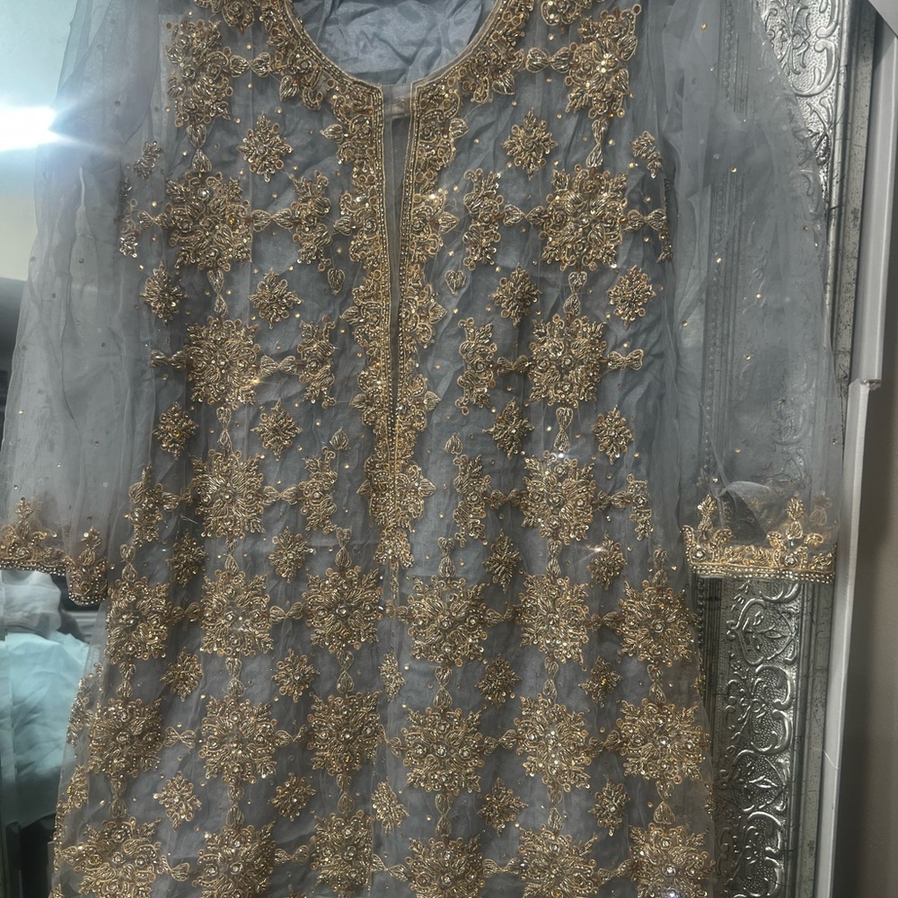 Pakistani Indian Desi Outfit  Grey/Gold hand Embellished banarsi gharara-